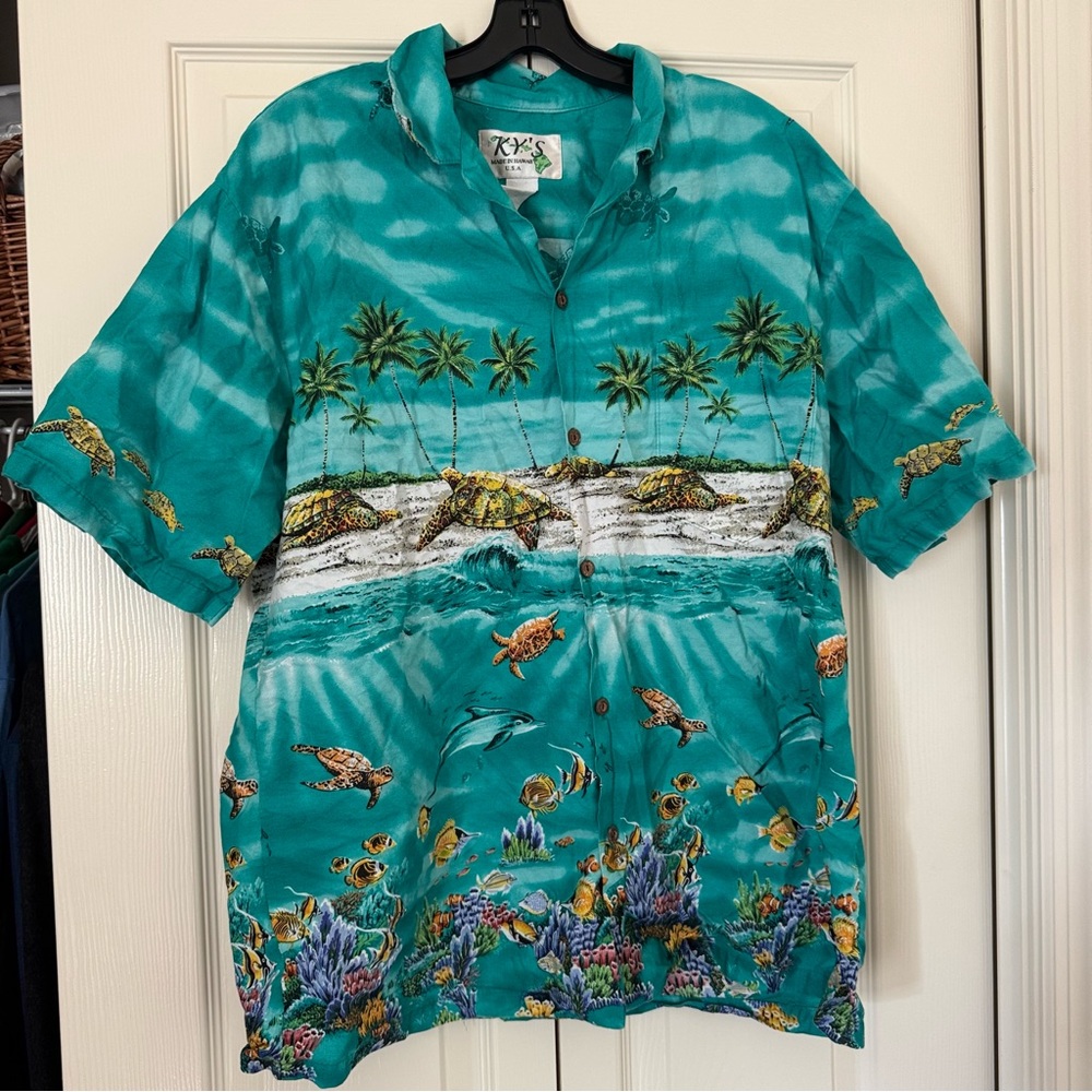 Vintage KYs Hawaiian Shirt Mens L Green Turtle Dolphin Sea Print 90s USA Made
